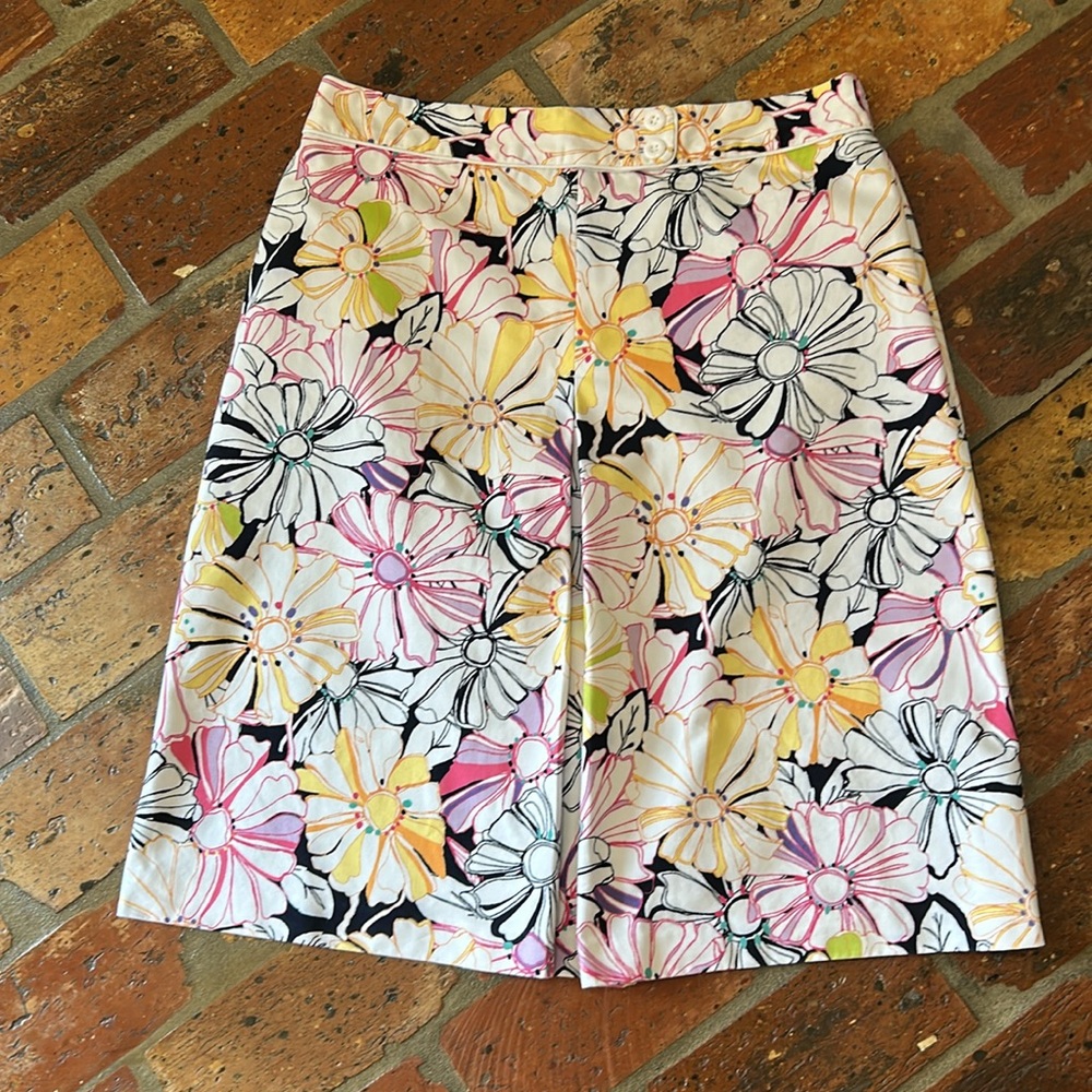 Lands' End Floral Box Pleat Skirt Size 10 White Multicolor 100% Cotton
